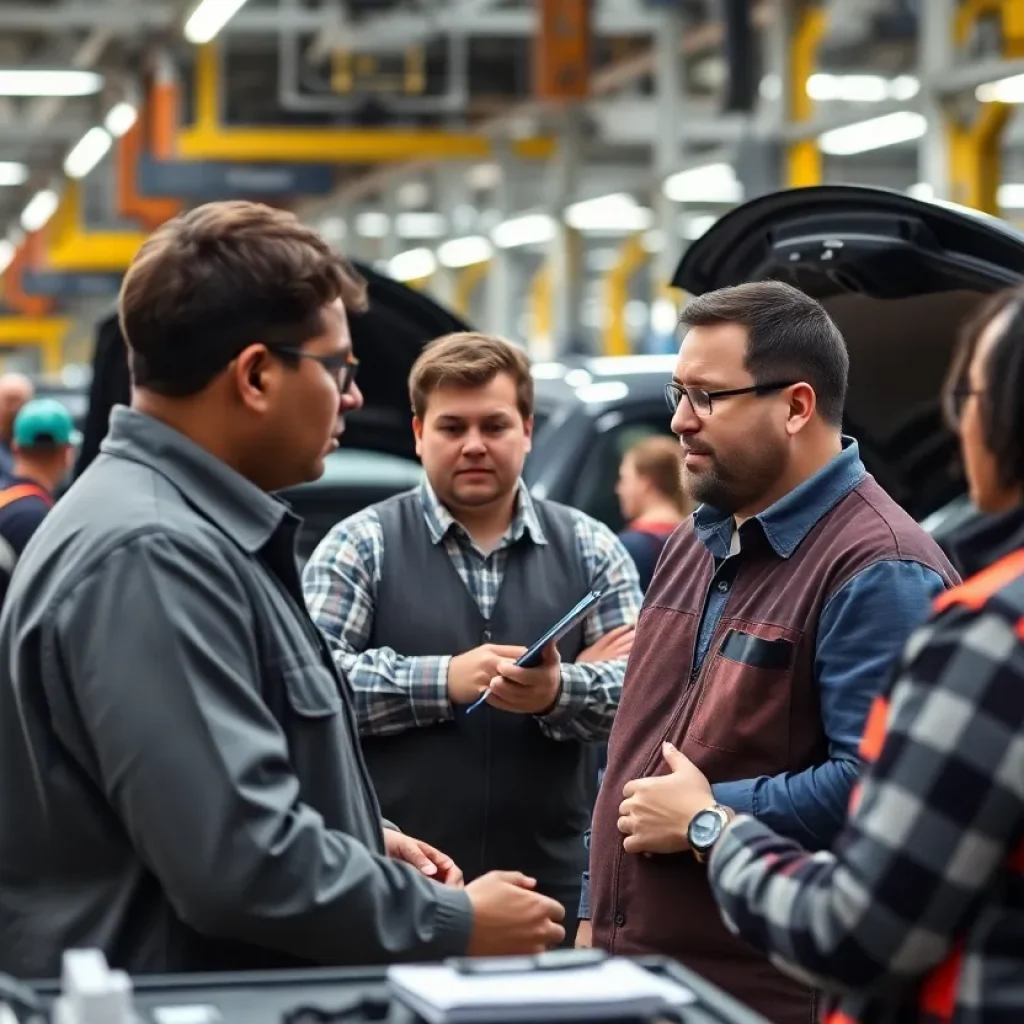 Workers at Volkswagen Chattanooga plant discussing union negotiations