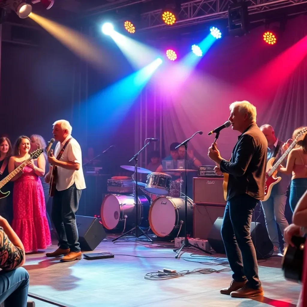 Tribute band performing classic rock music on stage with enthusiastic audience