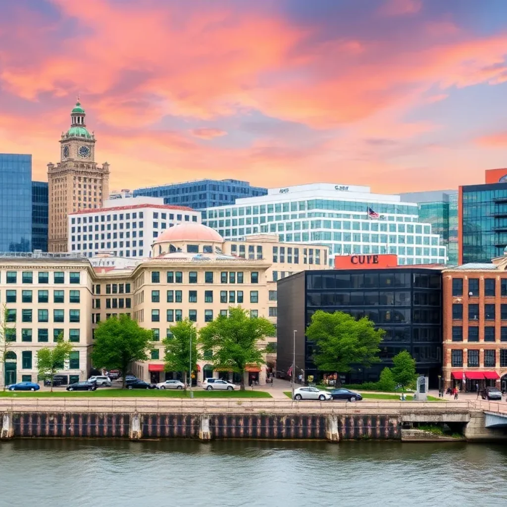 A cityscape of downtown Chattanooga featuring historic buildings alongside new hotel developments