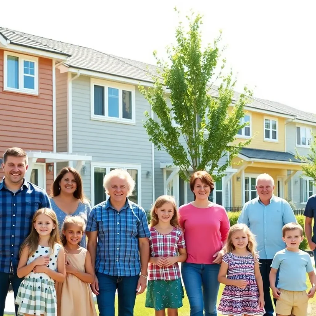 Community members stand in front of homes with new windows donated by Renewal by Andersen.