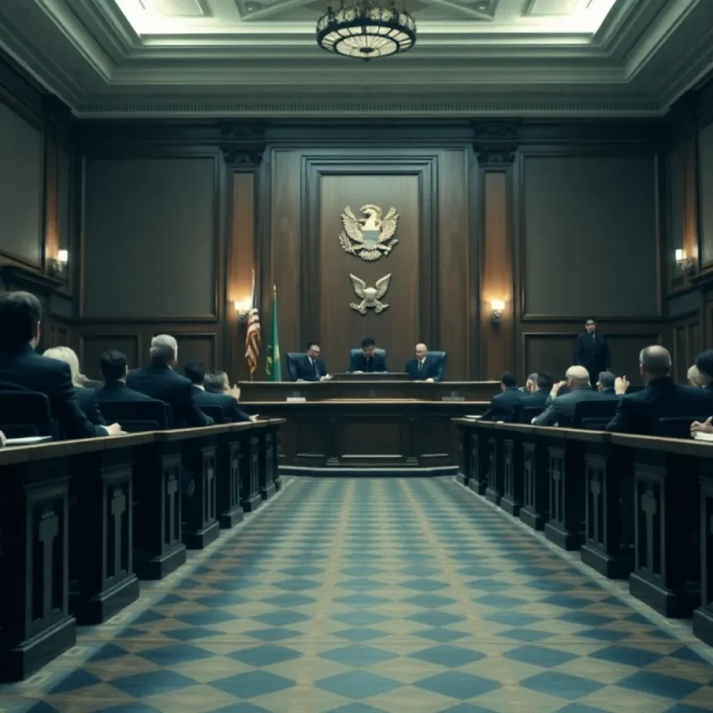 Courtroom environment representing serious crime case