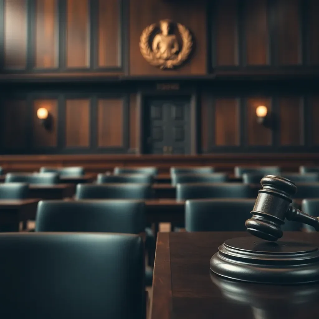 Empty courtroom with gavel symbolizing justice