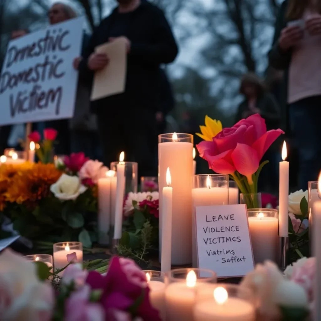 Community members gather at vigil for domestic violence awareness.