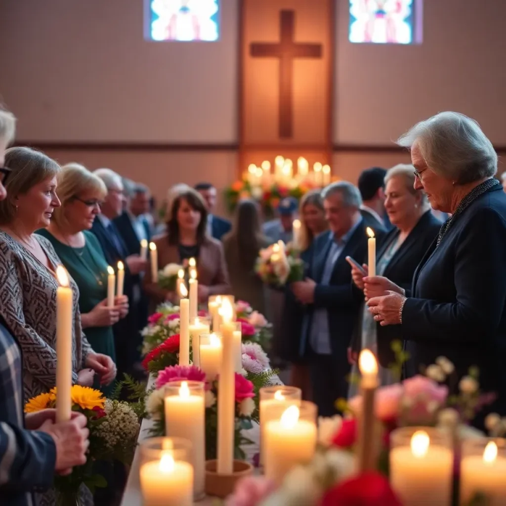 People gathering to pay tribute in a church setting