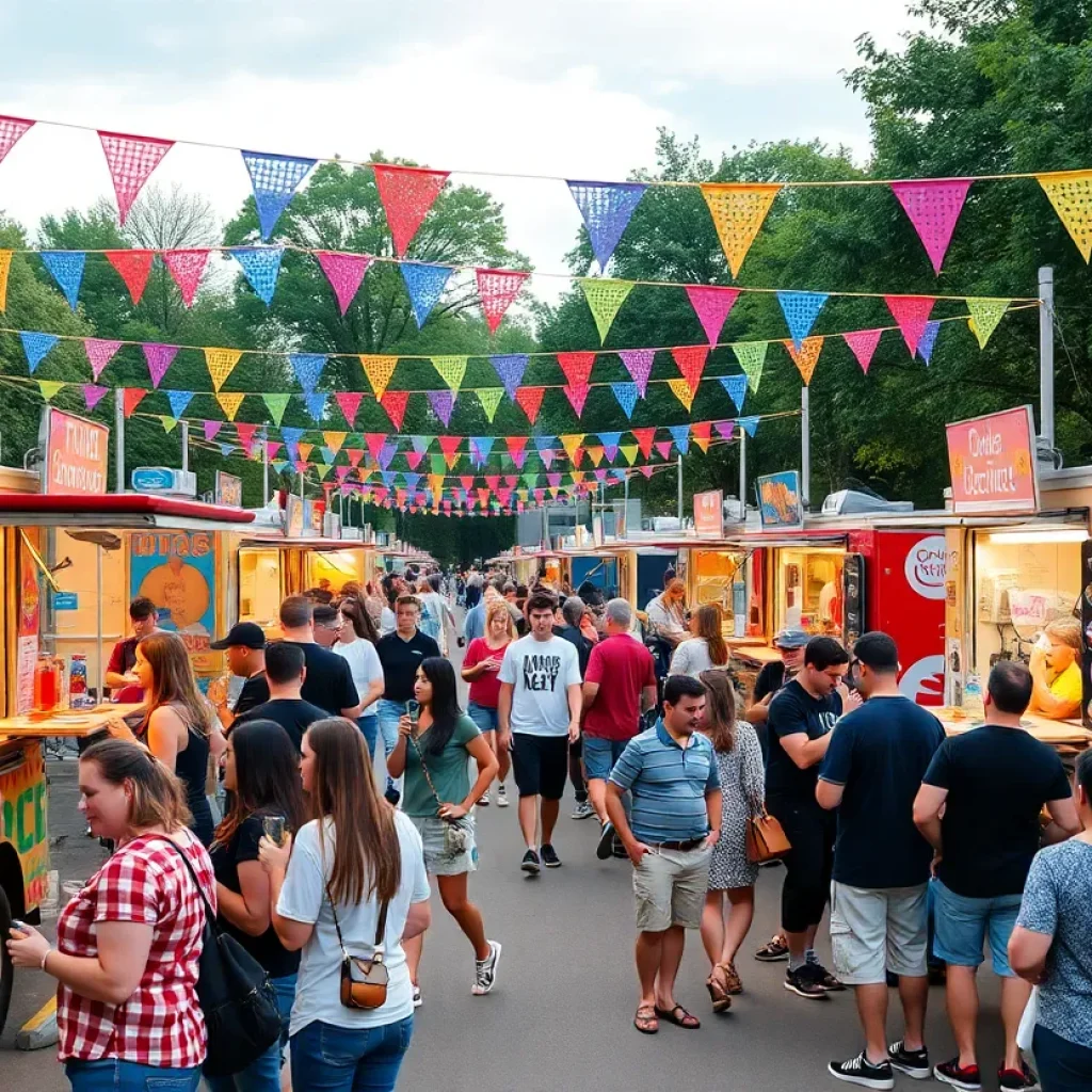 A bustling scene at the Chattanooga Food Truck Festival with food trucks and happy attendees.