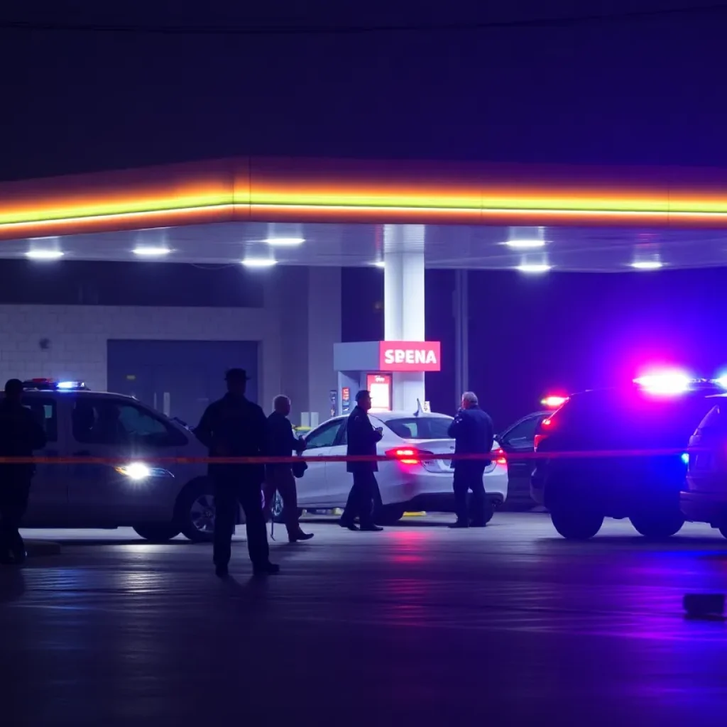 Gas station scene with police presence following a shooting incident in Chattanooga.