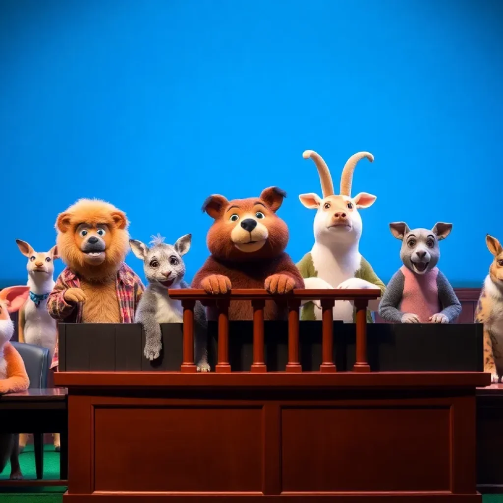 Scene from the Chattanooga Little Theatre musical adaptation featuring an animated courtroom with the Big Bad Wolf and pigs.