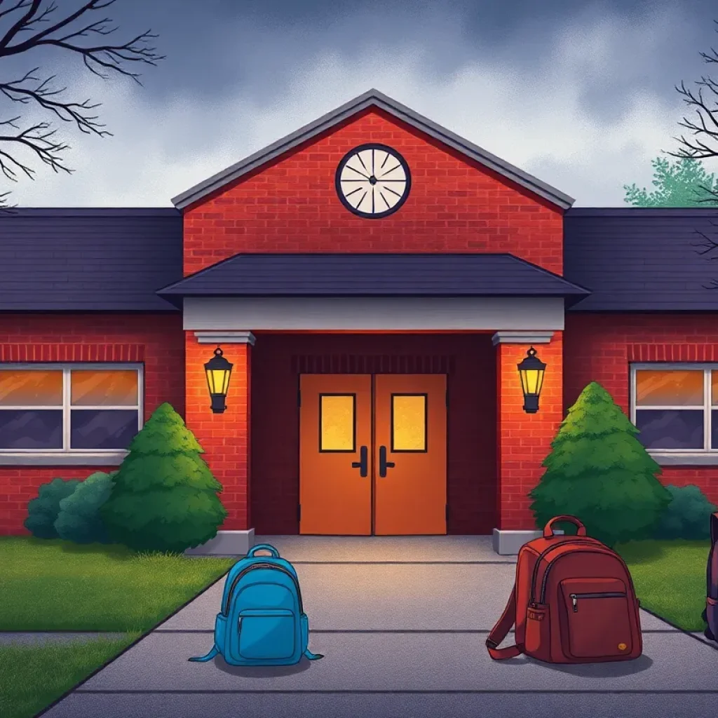 Illustration depicting a Chattanooga school with children's backpacks, symbolizing concern over safety issues