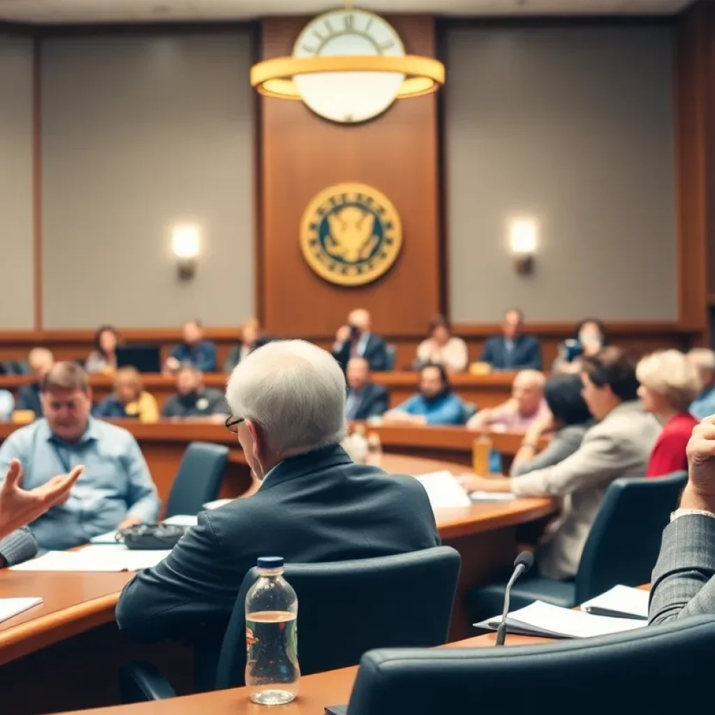 A city council meeting with residents participating