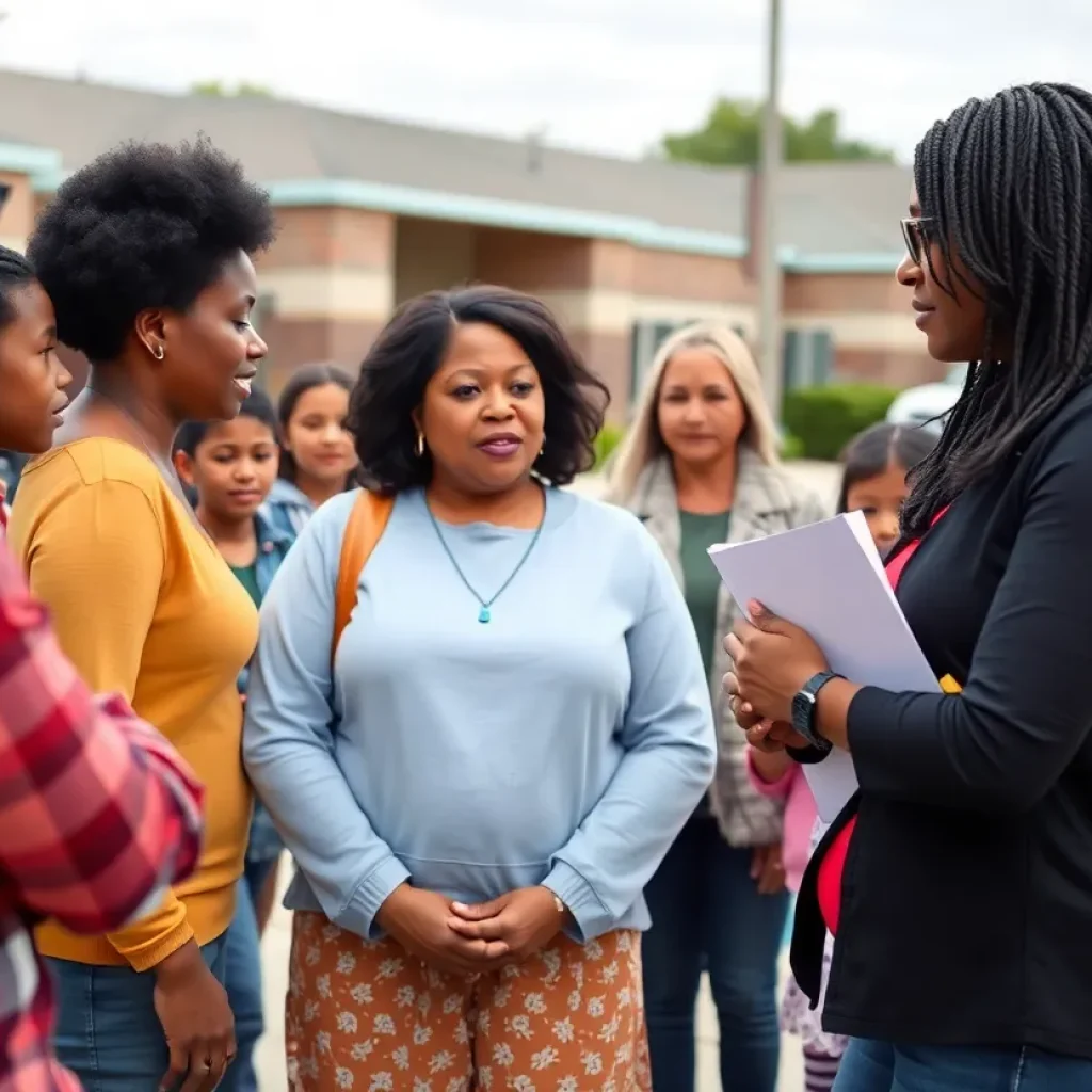 Concerned parents discussing safety around a school building