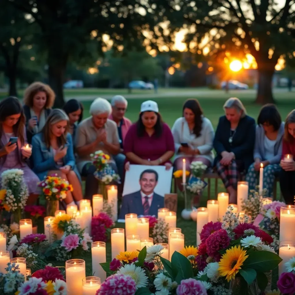 Community members gathered in remembrance of a cherished leader with candles and flowers.