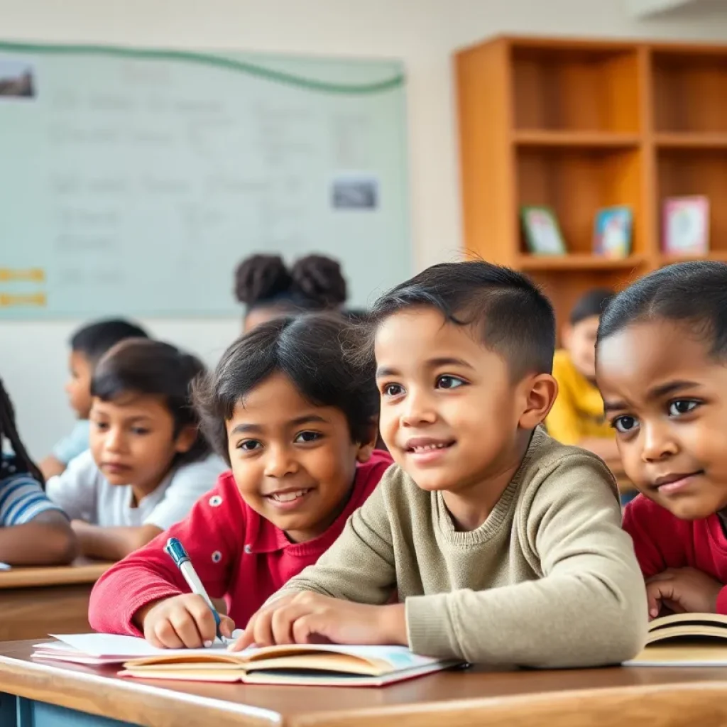 A classroom filled with children from diverse backgrounds engaged in learning activities.