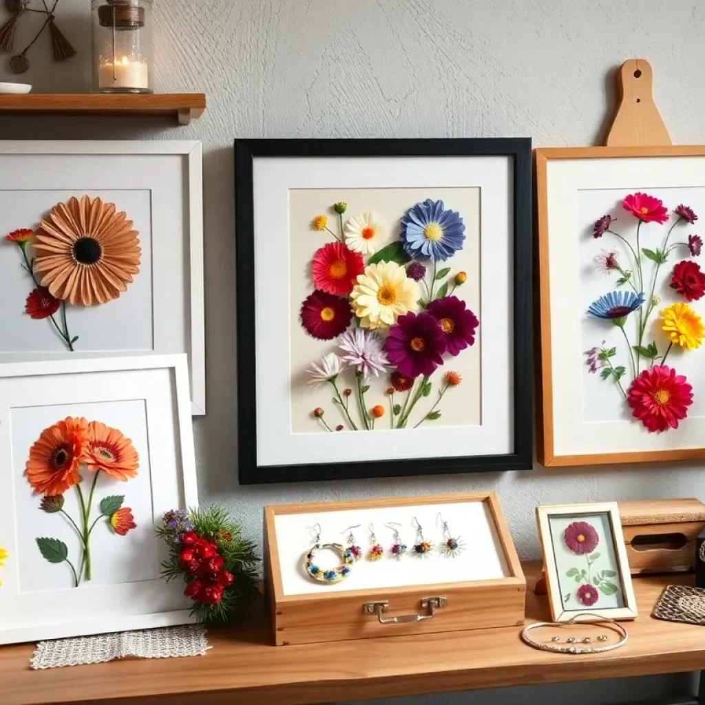 Vibrant preserved flower art displayed in an artist's studio