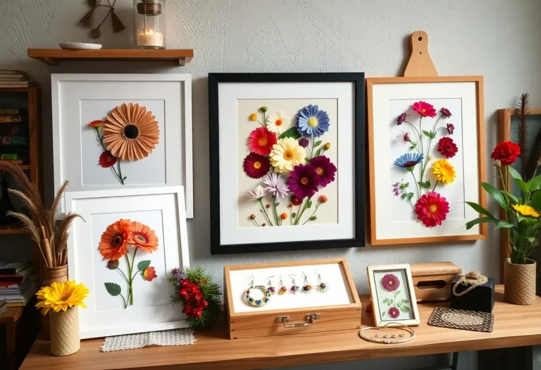 Vibrant preserved flower art displayed in an artist's studio