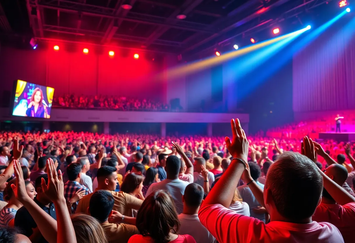 A large audience at a concert enjoying gospel music.