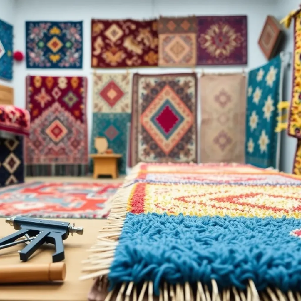 Colorful handmade rugs displayed in a studio