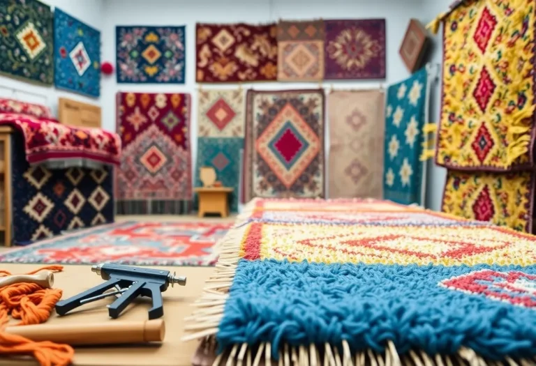 Colorful handmade rugs displayed in a studio