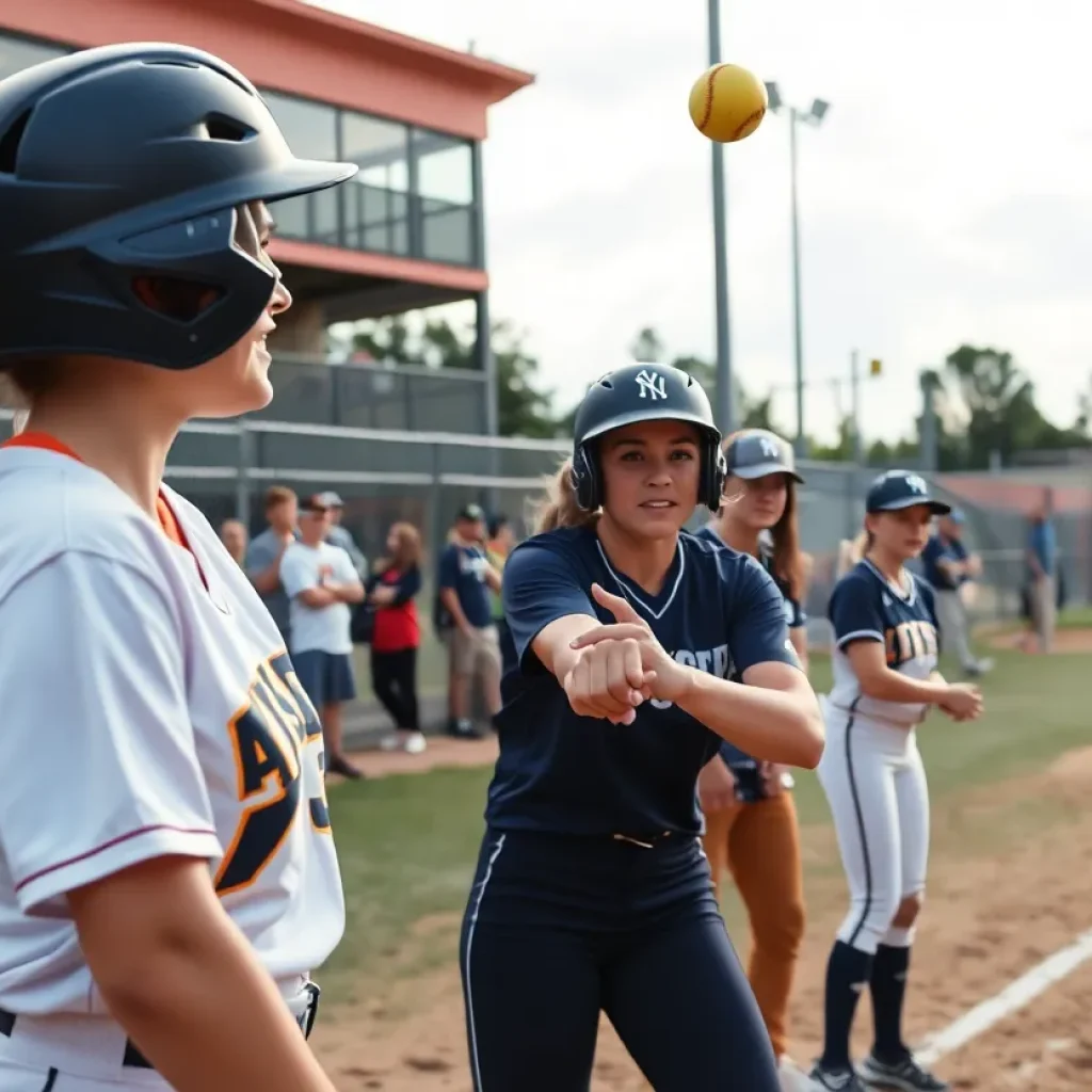 Action shot of Youngstown State softball game with players in motion