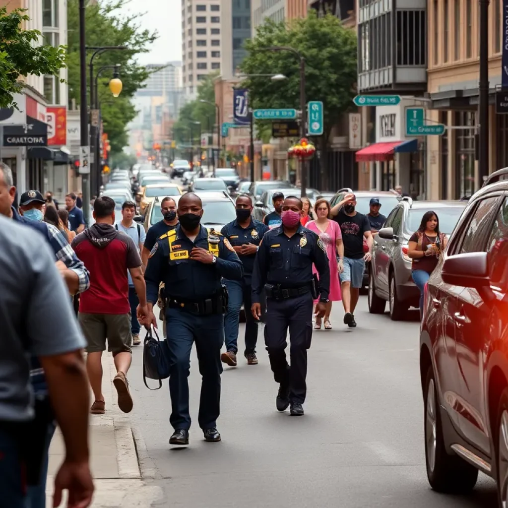 Vibrant street scene in Chattanooga with police presence.