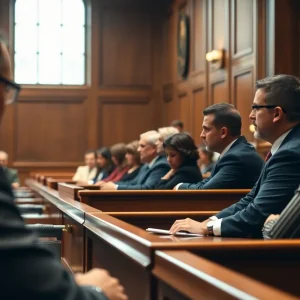 Interior view of a courtroom during a trial