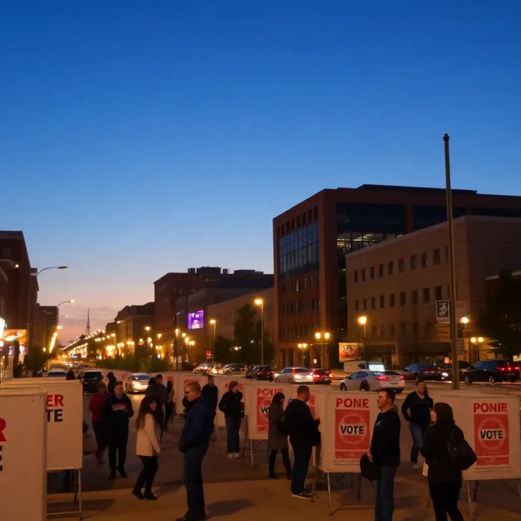 Vibrant cityscape of Chattanooga during election night with citizens voting.