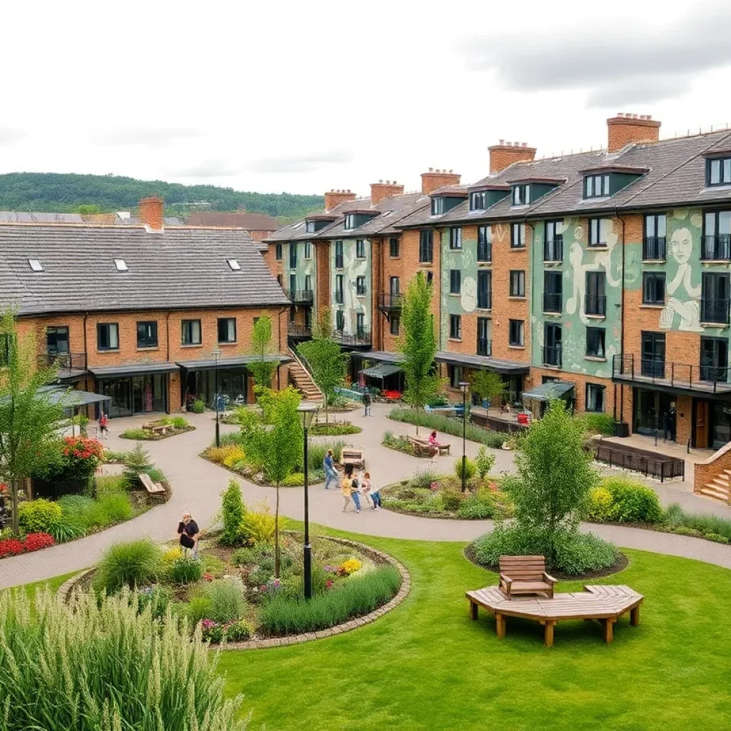 Exterior view of the Chattanooga Mill Town development featuring modern homes and artistic elements.