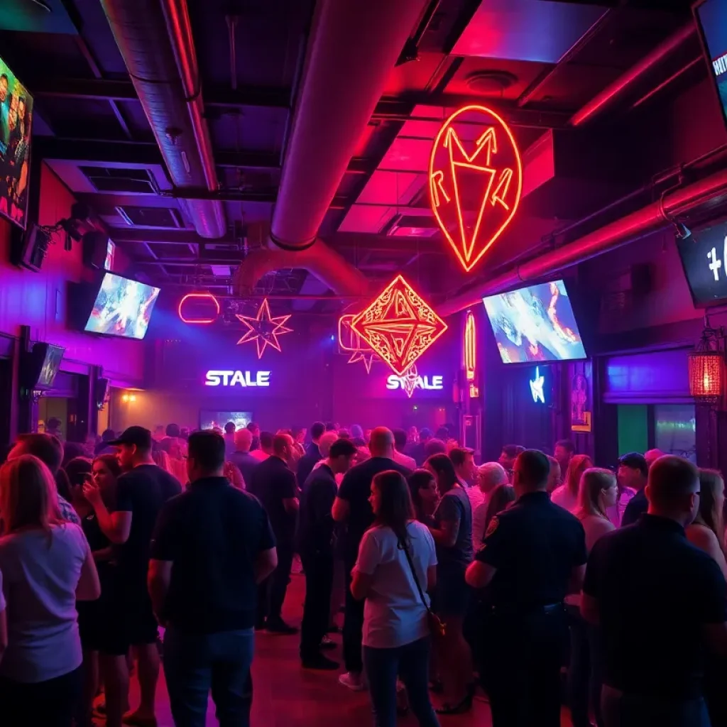 Patrons enjoying a lively night at a Chattanooga nightclub with security present.