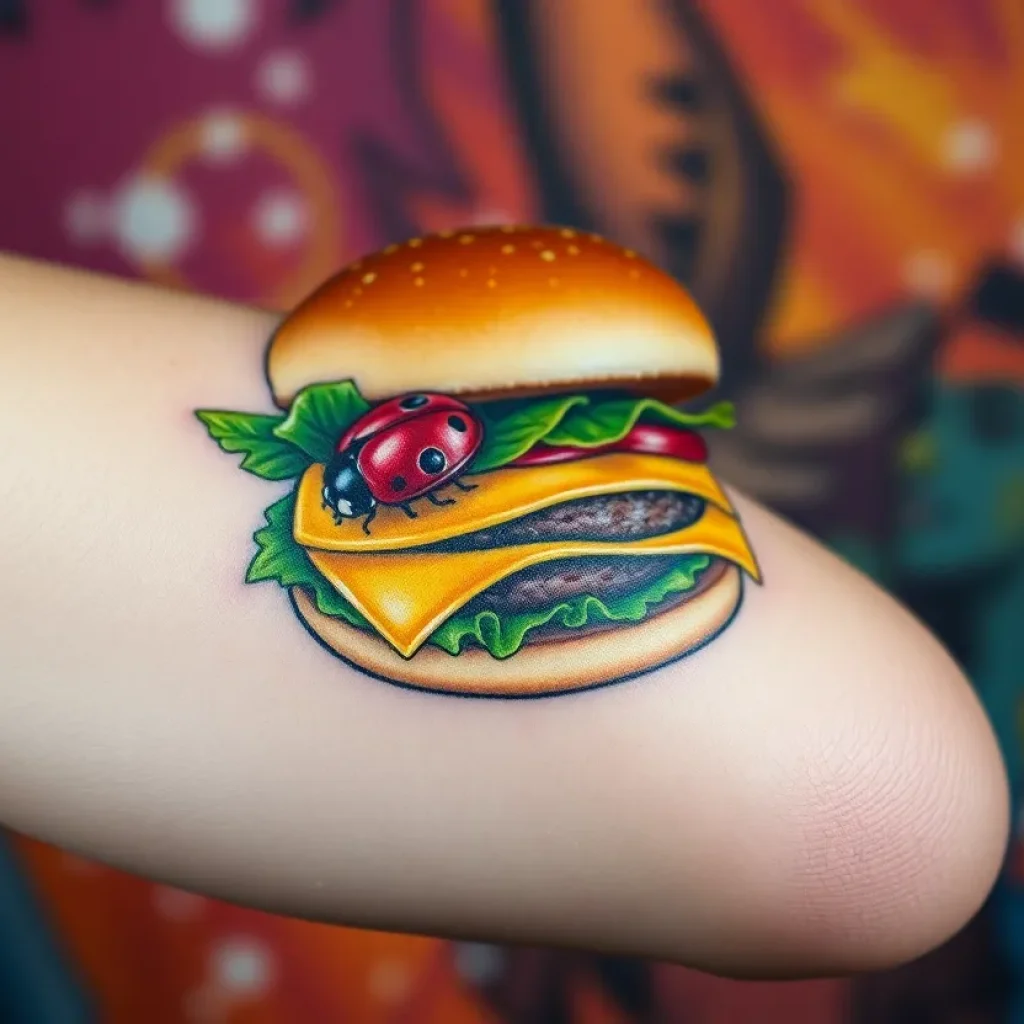 Hyperrealistic tattoo of a Krystal burger representing love and remembrance