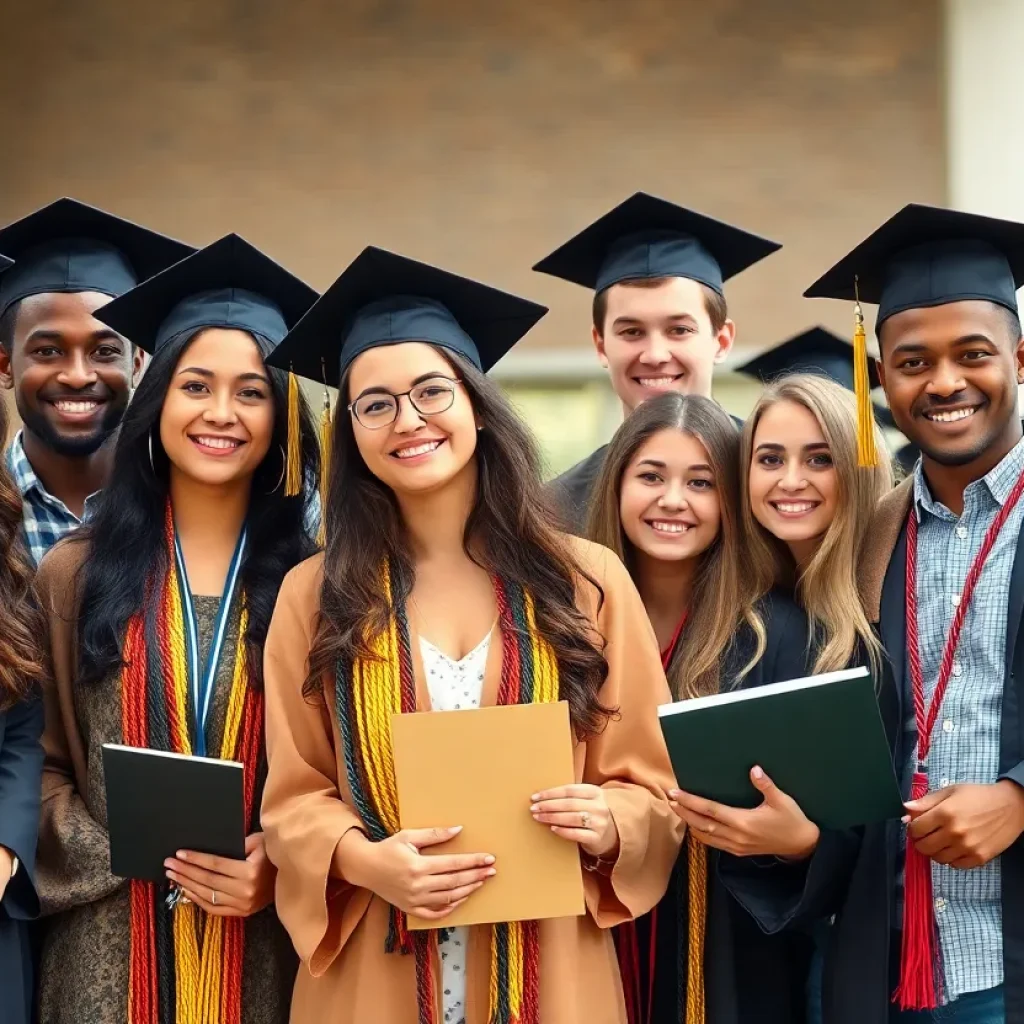 Diverse college students celebrating their academic achievements together.