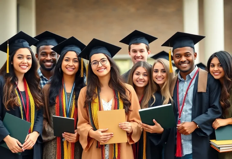 Diverse college students celebrating their academic achievements together.