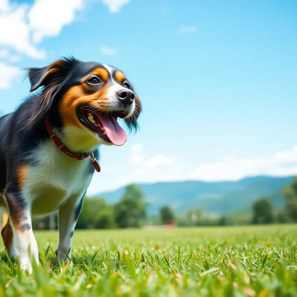 A happy dog playing in a park in Chattanooga with scenic mountains in the background.