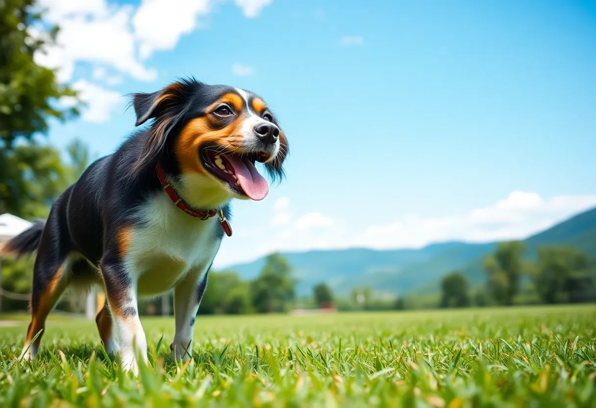 A happy dog playing in a park in Chattanooga with scenic mountains in the background.