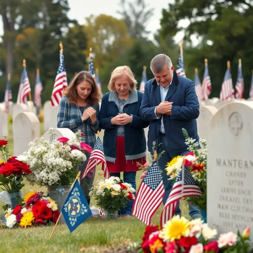 Family gathering at gravesite honoring a WWII airman