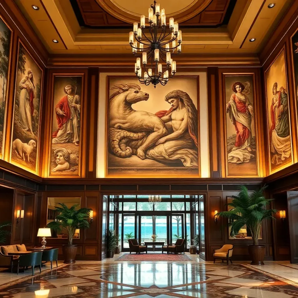 Historic artwork panels in Hotel Patten's lobby