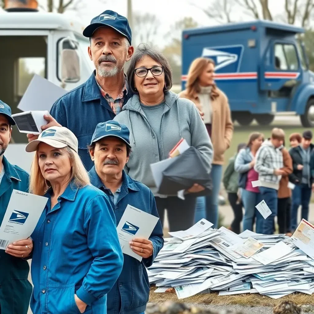 A scene of postal disruption showing scattered mail and concerned citizens.