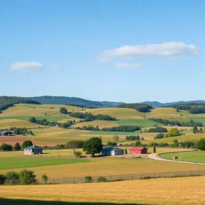 A beautiful landscape of McDonald Farm with green fields and trees.