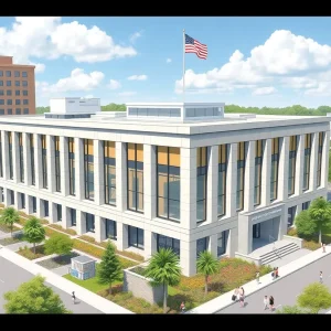 Conceptual design of a new courthouse in Chattanooga with modern architecture.