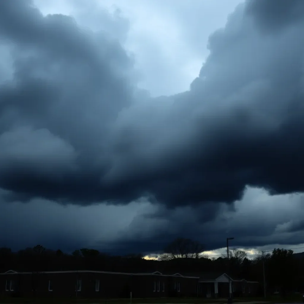 Dark storm clouds over a school in Chattanooga, indicating severe weather threats.