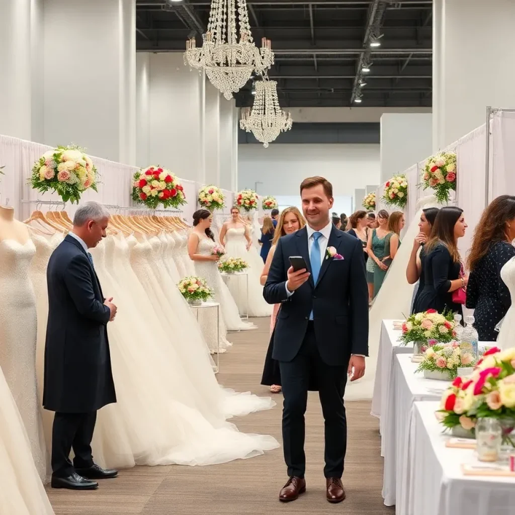 Bridal fair showcasing wedding gowns and floral arrangements