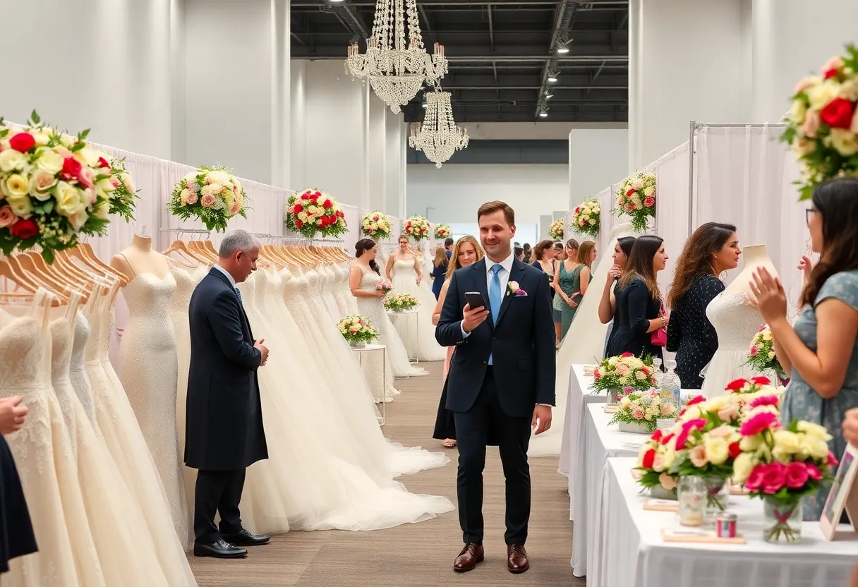 Bridal fair showcasing wedding gowns and floral arrangements