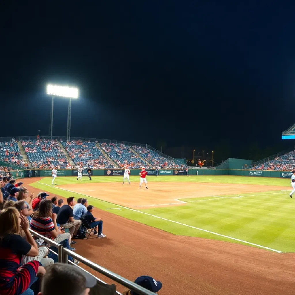 Intense rivalry moment between Baylor Red Raiders and McCallie Blue Tornadoes at AT&T Field during a baseball game.