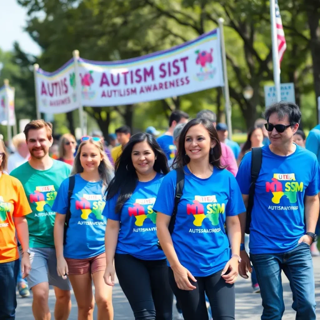 Community members walking together in support of autism awareness
