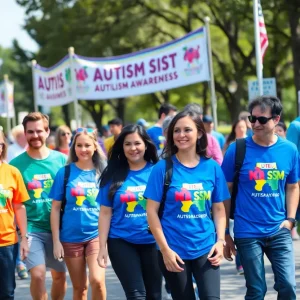 Community members walking together in support of autism awareness