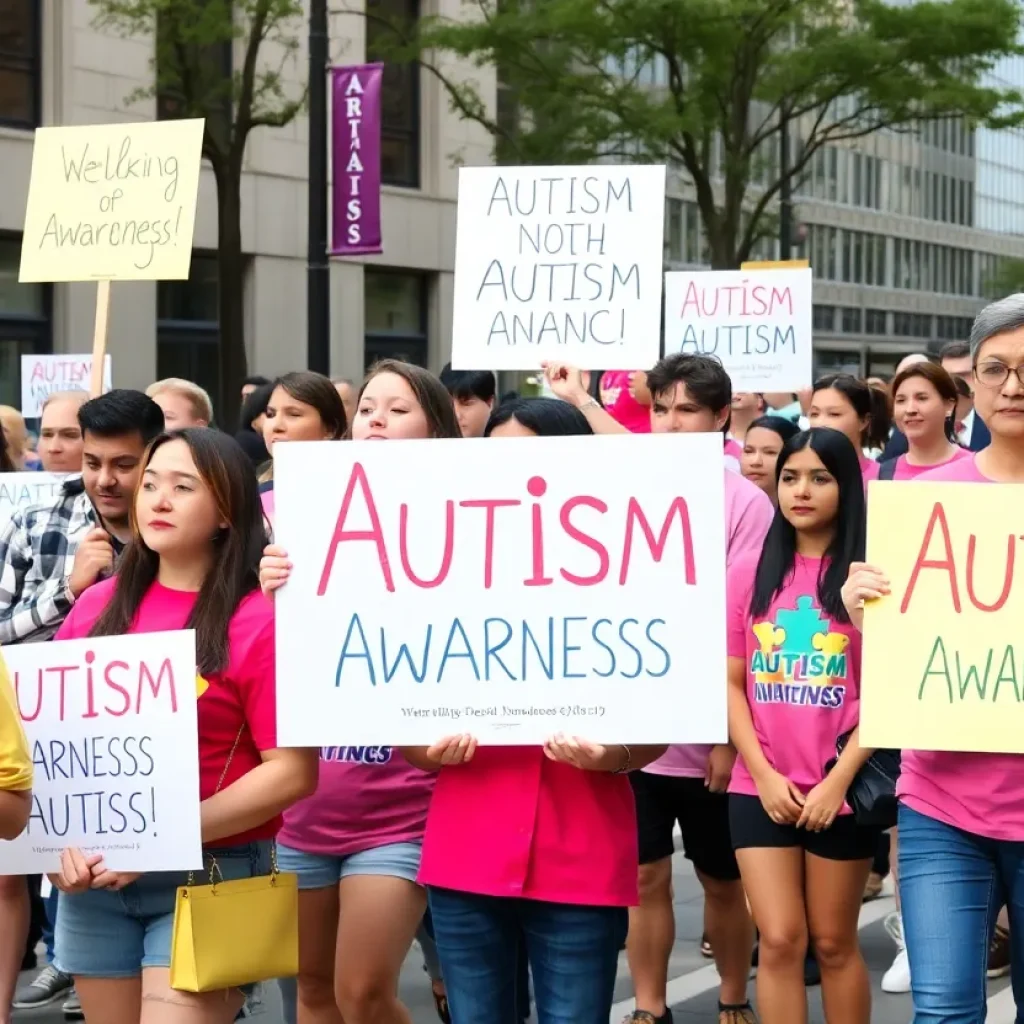 Participants at the Chattanooga Autism Celebration Walk displaying signs of support.