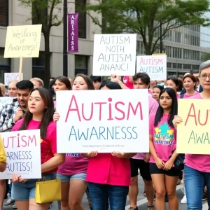 Participants at the Chattanooga Autism Celebration Walk displaying signs of support.
