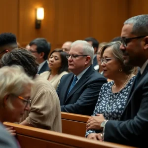 Courtroom filled with a supportive community during a trial