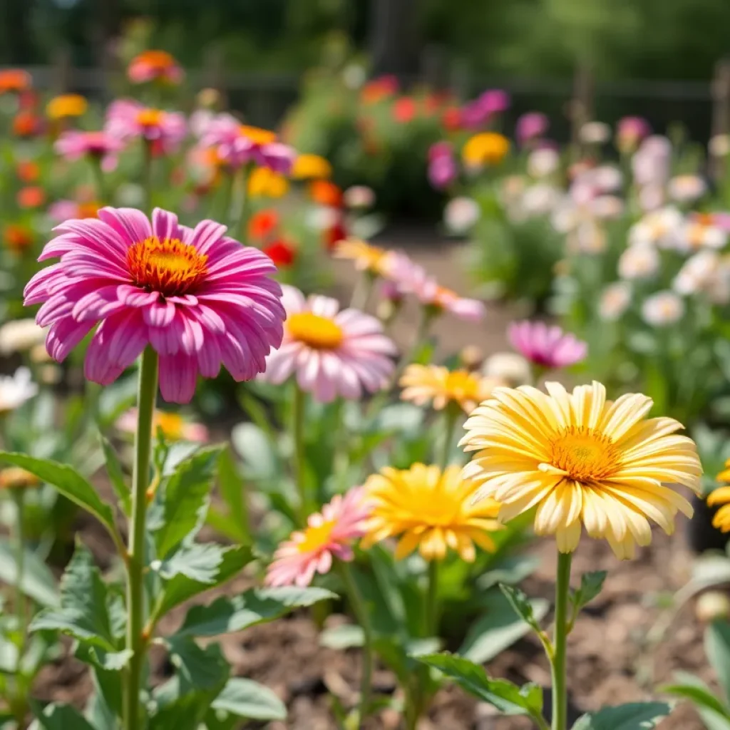A community garden in Chattanooga filled with colorful flowers and greenery.