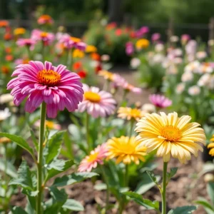 A community garden in Chattanooga filled with colorful flowers and greenery.
