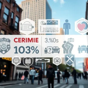Collage of crime prevention symbols and urban community.