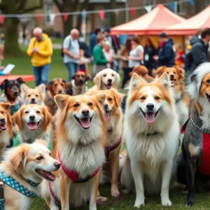 Dogs in costumes enjoying a festival atmosphere